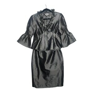 Nicolette Womens Metallic Gunmetal Ruffle Bell Sleeve Skirt Suit Set Size 8